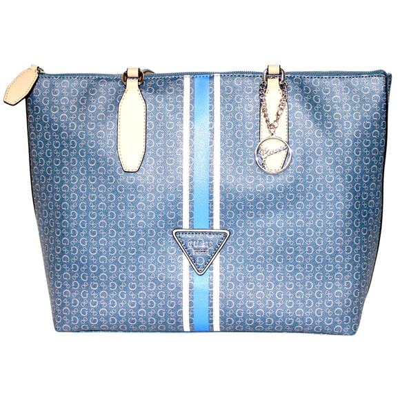 GUESS Logo Print Blue Stripe Large Tote Bag - Picture 6 of 11